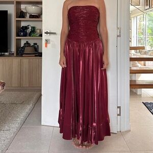 NWT Aje Regent Drop Waist Ruched Strapless A Line Midi Dress Garnet Red